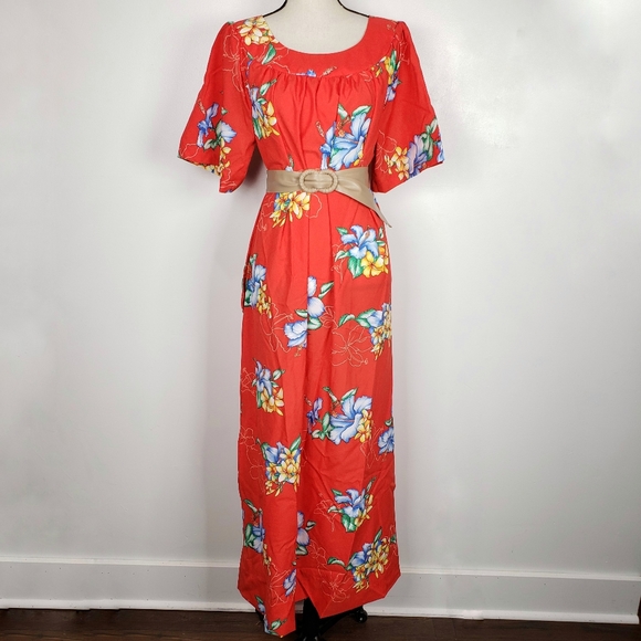 Vintage Dresses & Skirts - Vintage Hawaiian Red Mumu Floral Short Sleeve Maxi Dress M